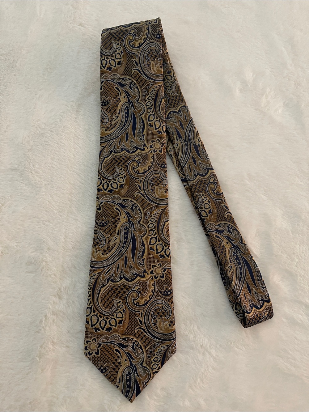 Dapper Paisley Italian Men’s Tie in Gold Brown & Navy